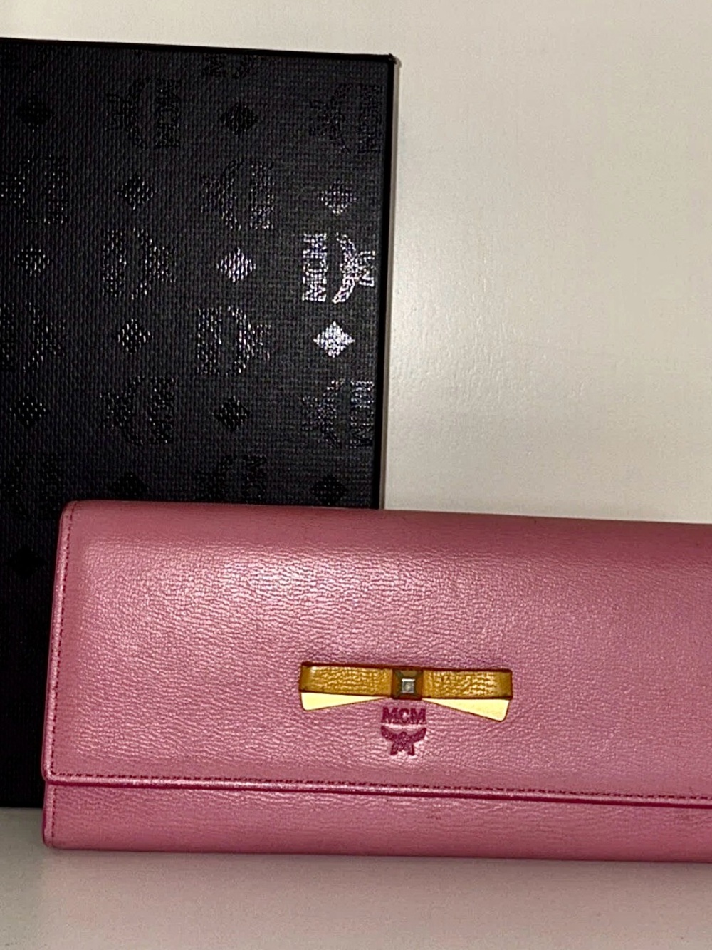 Truly Stunning MCM Pink Leather Continental Wallet with Gold Bow Accent